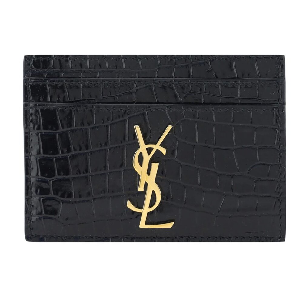 NWT Saint Laurent YSL Card Holder Croco-embossed Patent Leather Black